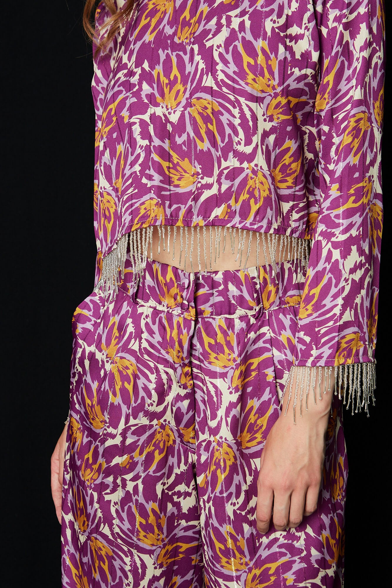 Crop top lurex μωβ print με κρόσια