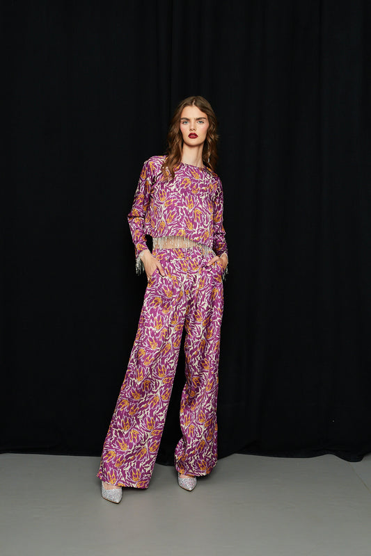 Παντελόνα με πιέτα lurex μωβ