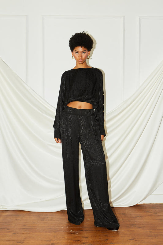 Crop top μακρυμάνικο με cut outs ζακάρ μαύρο