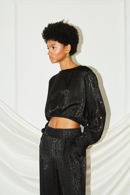 Crop top μακρυμάνικο με cut outs ζακάρ μαύρο
