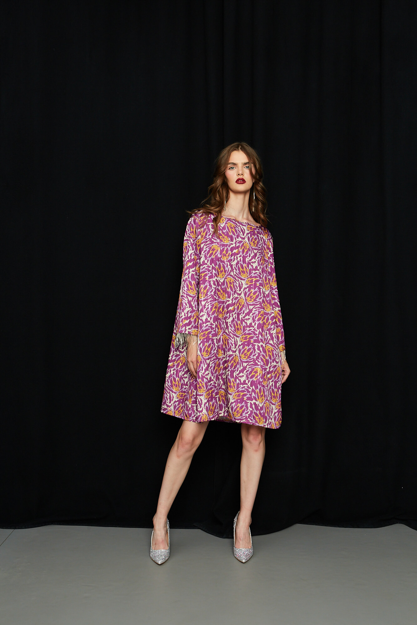 Φόρεμα Lurex Μωβ με κρόσια