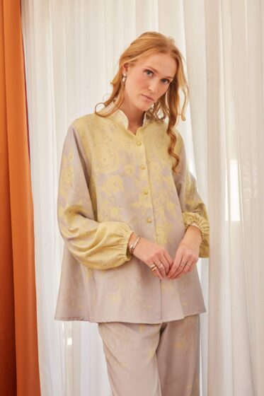 Πουκάμισο με μάο γιακά γκρι – κίτρινο