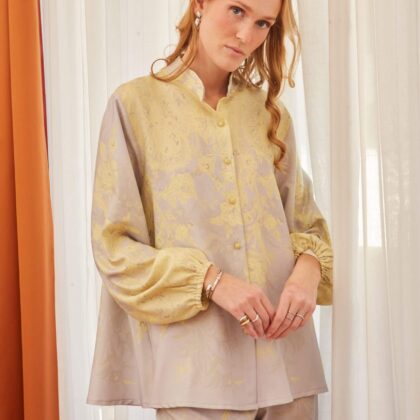 Πουκάμισο με μάο γιακά γκρι – κίτρινο