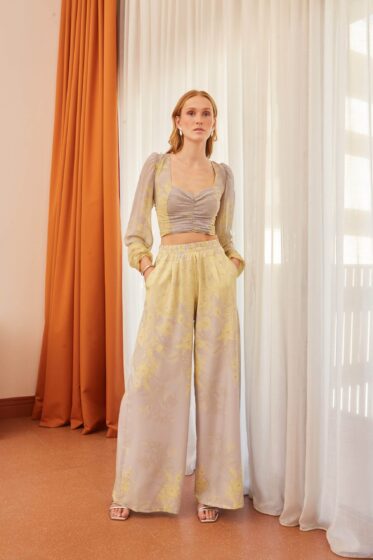 Crop top μακρυμάνικο γκρι – κίτρινο