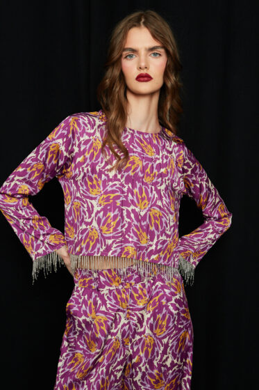 Crop top lurex μωβ print με κρόσια