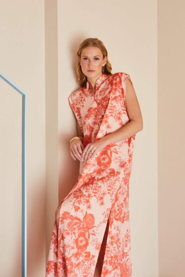 Φόρεμα σεμιζιέ αμάνικο μακρύ πορτοκαλί – βερικοκί - alternate view