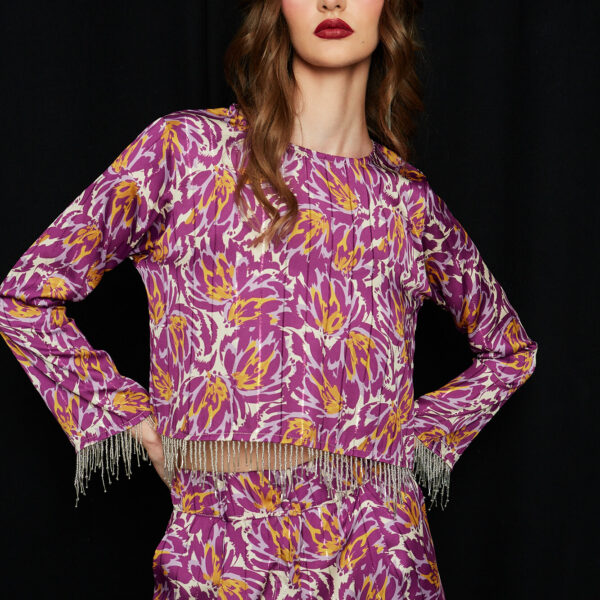 Crop top lurex μωβ print με κρόσια