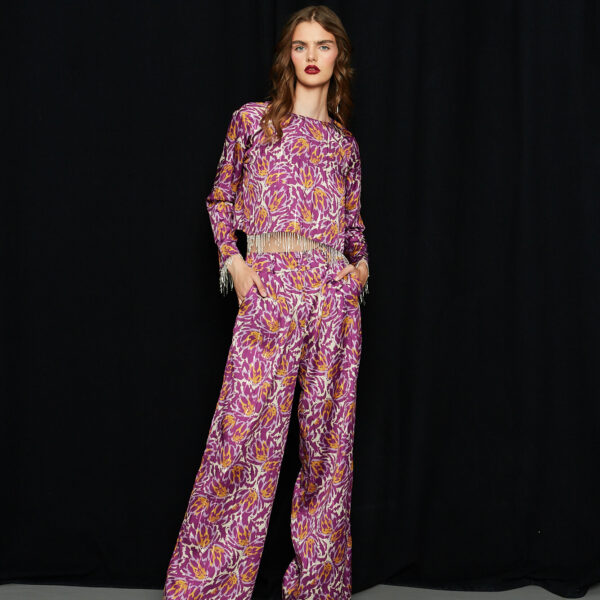 Παντελόνα με πιέτα lurex μωβ