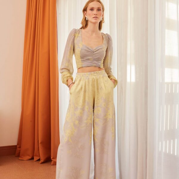 Crop top μακρυμάνικο γκρι – κίτρινο